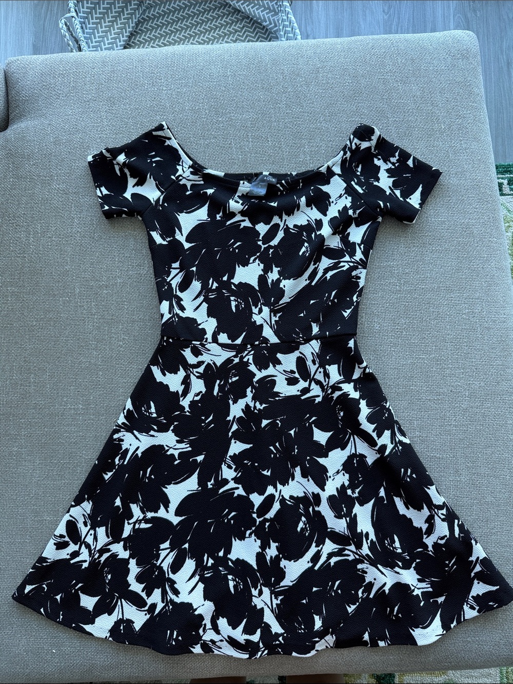 Aqua Black and White Floral Off-Shoulder Fit-and-Flare Mini Dress